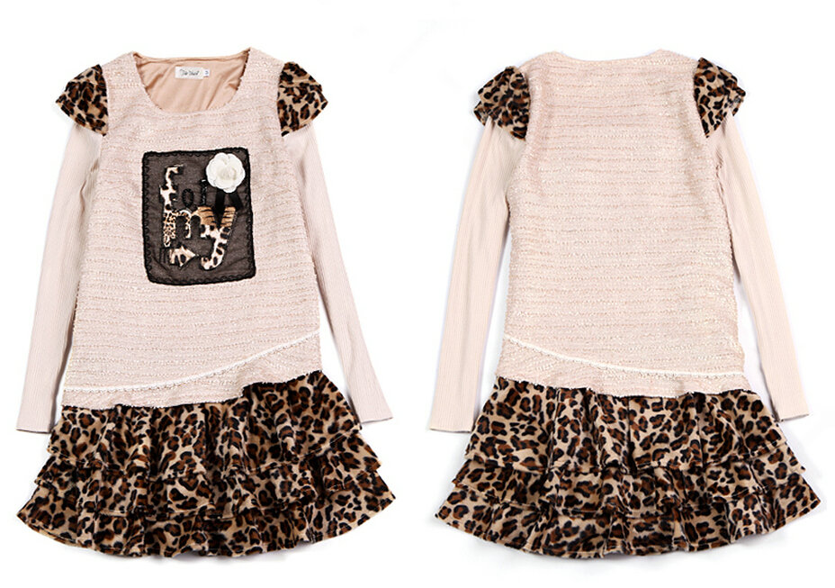 Sweet Dresses Fall Women Long Sleeve Stitching Ruffle Leopard Print - Beige