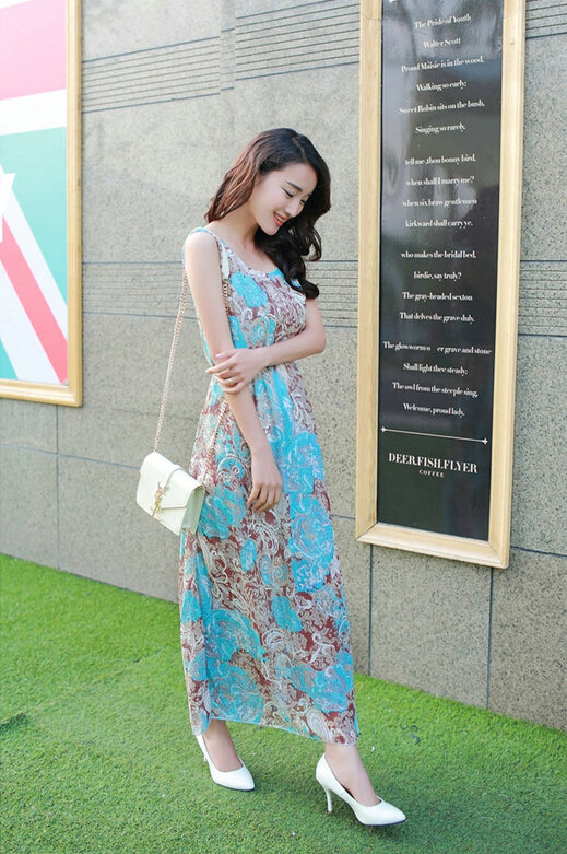 Sweet Dresses Summer Female Skirts Beach Bohemian Long Chiffon - Blue