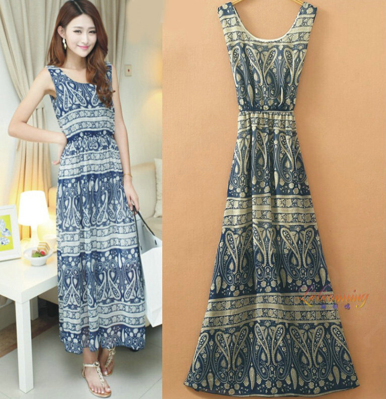 Sweet Dresses Summer Female Skirts Beach Bohemian Long Chiffon - Dark Blue