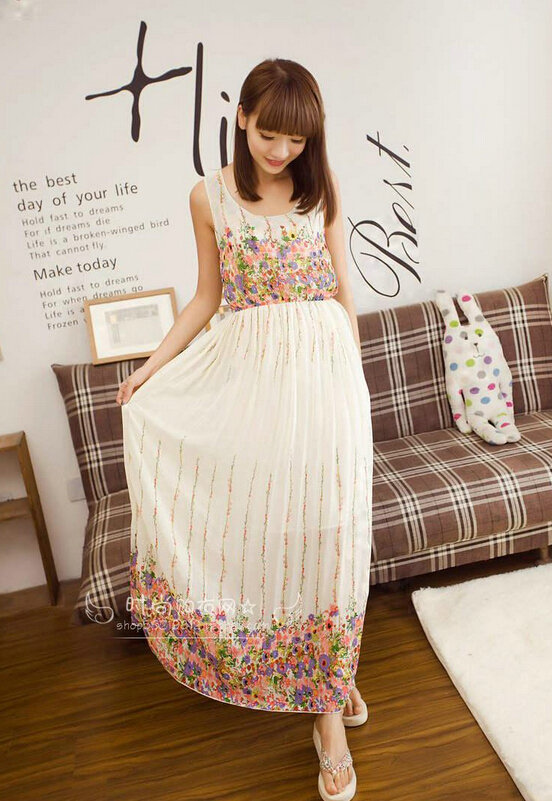 Sweet Dresses Summer Female Skirts Beach Bohemian Long Chiffon - Pink White