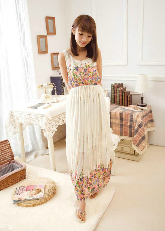 Sweet Dresses Summer Female Skirts Beach Bohemian Long Chiffon - Pink White