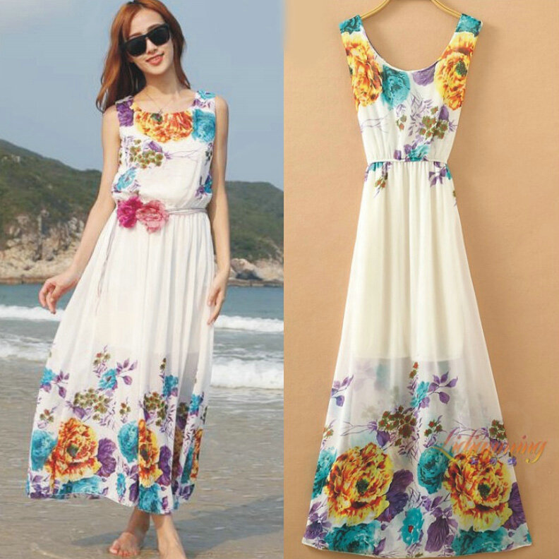 Sweet Dresses Summer Female Skirts Beach Bohemian Long Chiffon - Purple White
