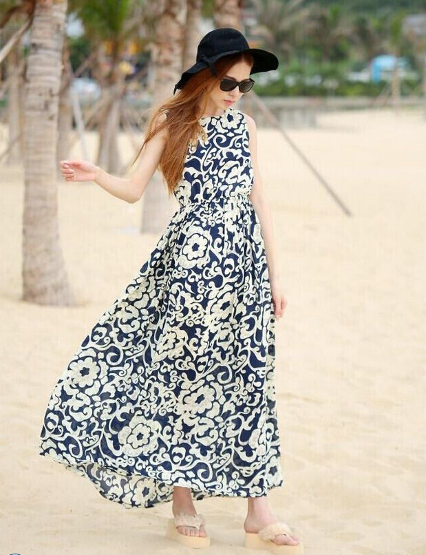 Sweet Dresses Summer Female Skirts Beach Bohemian Long Chiffon - Royal Blue