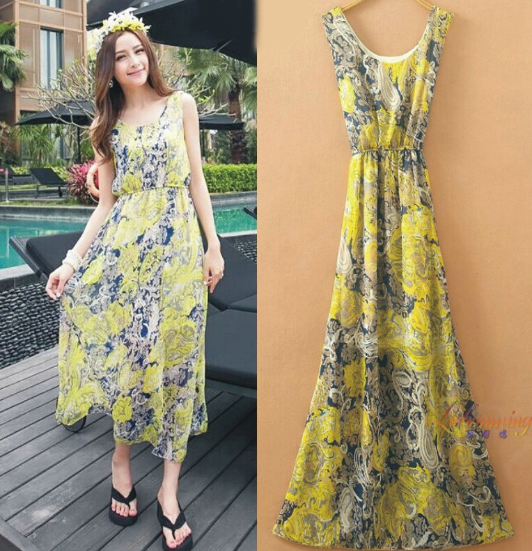 Sweet Dresses Summer Female Skirts Beach Bohemian Long Chiffon - Yellow Blue