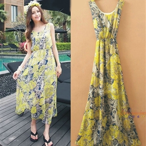 Sweet Dresses Summer Female Skirts Beach Bohemian Long Chiffon - Yellow Blue