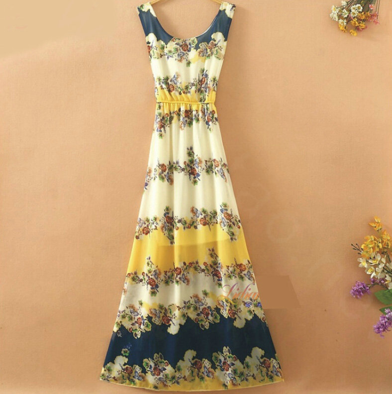 Sweet Dresses Summer Female Skirts Beach Bohemian Long Chiffon - Yellow White