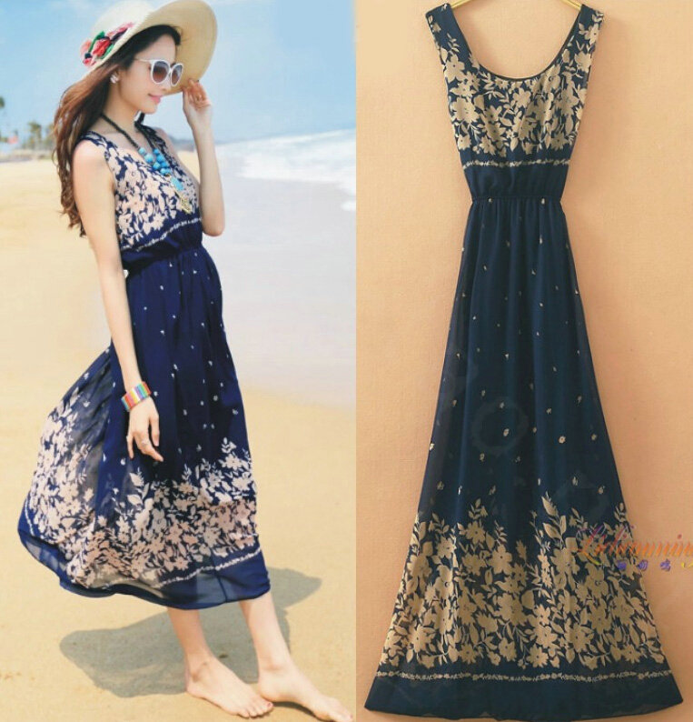 Sweet Dresses Summer Female Skirts Dot Beach Bohemian Long Chiffon - Royal Blue