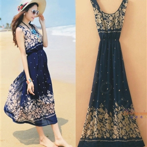 Sweet Dresses Summer Female Skirts Dot Beach Bohemian Long Chiffon - Royal Blue