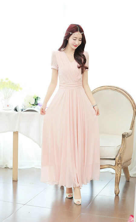 Sweet Dresses Summer Female Skirts Lantern Sleeve Long Chiffon Solid - Pink