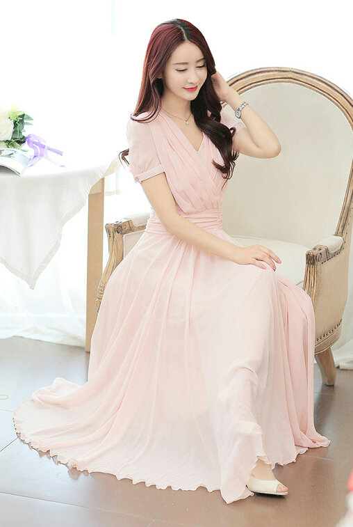 Sweet Dresses Summer Female Skirts Lantern Sleeve Long Chiffon Solid - Pink