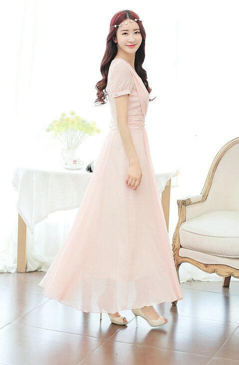 Sweet Dresses Summer Female Skirts Lantern Sleeve Long Chiffon Solid - Pink