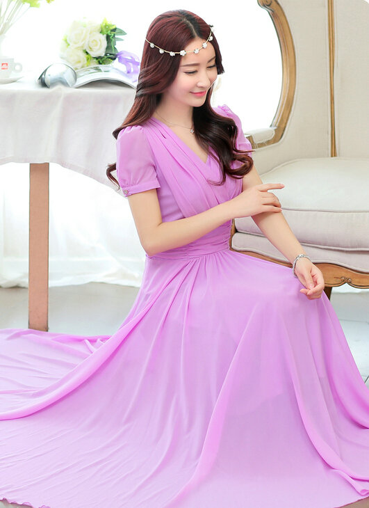 Sweet Dresses Summer Female Skirts Lantern Sleeve Long Chiffon Solid - Purple