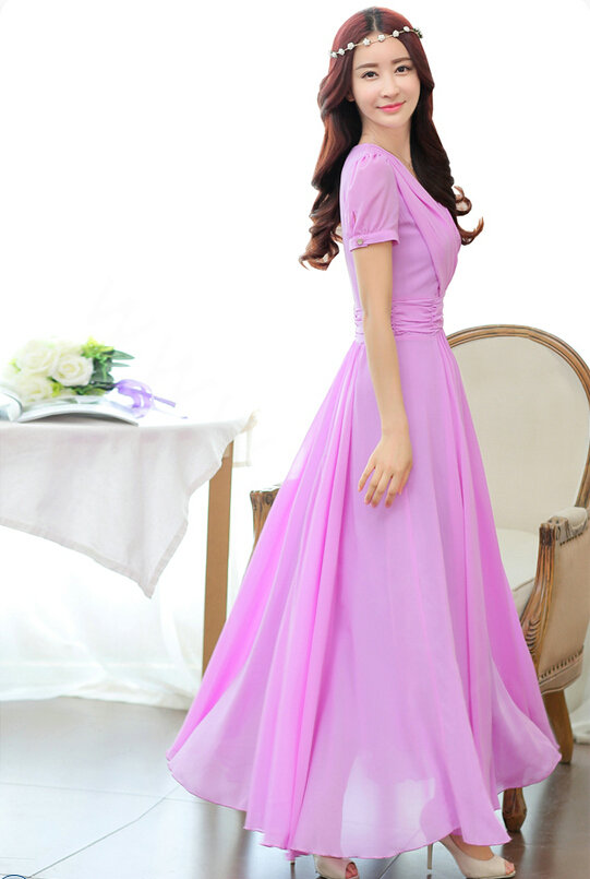 Sweet Dresses Summer Female Skirts Lantern Sleeve Long Chiffon Solid - Purple