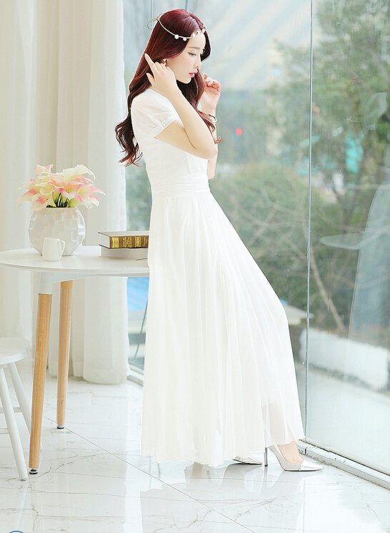 Sweet Dresses Summer Female Skirts Lantern Sleeve Long Chiffon Solid - White