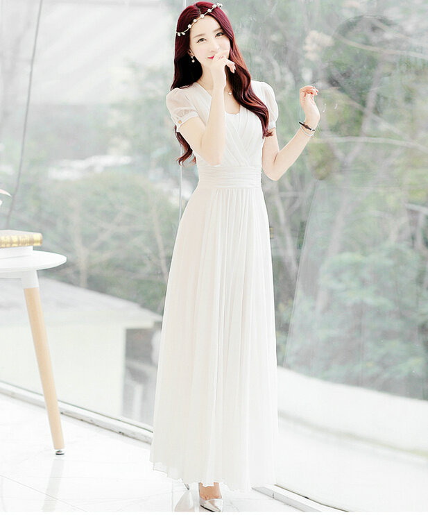 Sweet Dresses Summer Female Skirts Lantern Sleeve Long Chiffon Solid - White