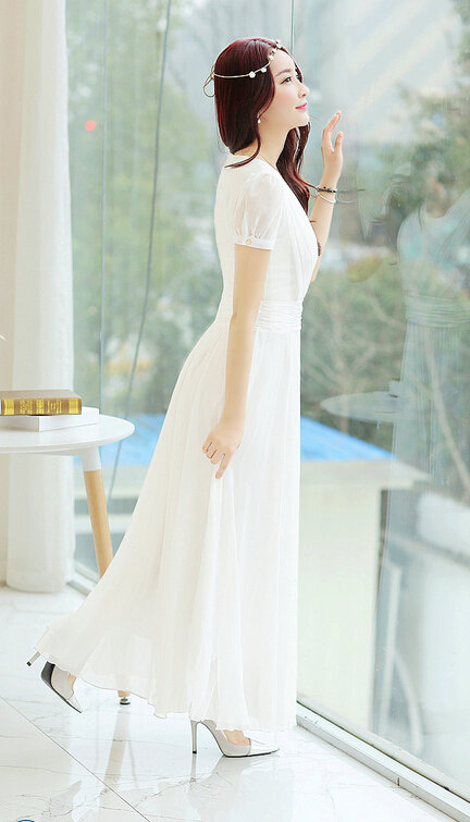 Sweet Dresses Summer Female Skirts Lantern Sleeve Long Chiffon Solid - White