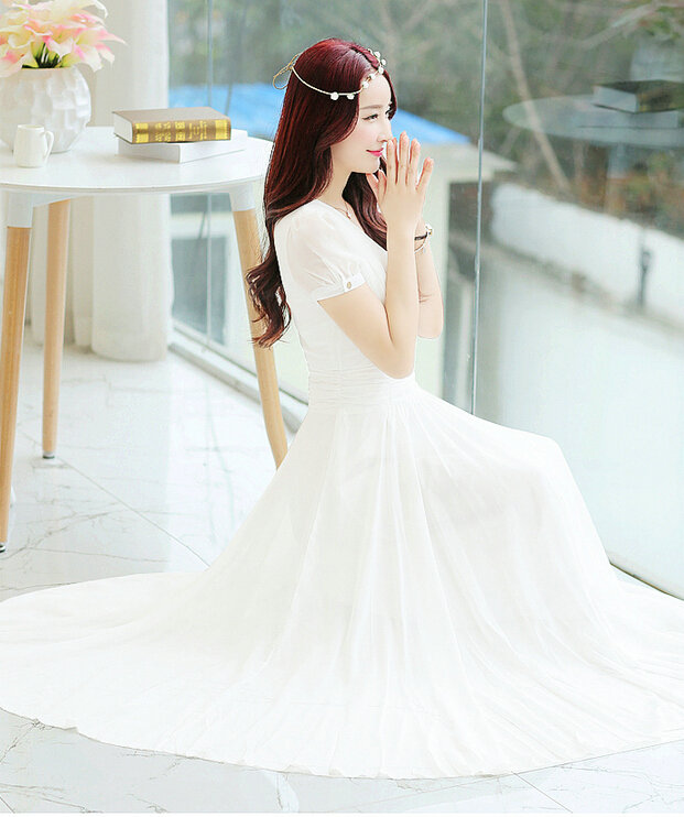 Sweet Dresses Summer Female Skirts Lantern Sleeve Long Chiffon Solid - White