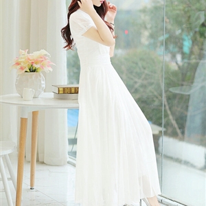 Sweet Dresses Summer Female Skirts Lantern Sleeve Long Chiffon Solid - White