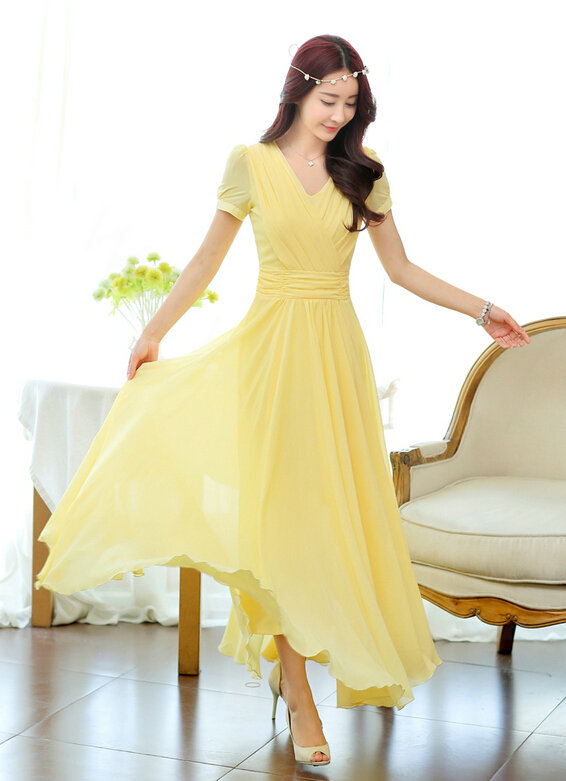 Sweet Dresses Summer Female Skirts Lantern Sleeve Long Chiffon Solid - Yellow