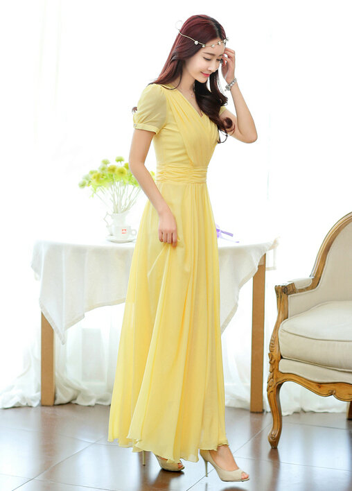 Sweet Dresses Summer Female Skirts Lantern Sleeve Long Chiffon Solid - Yellow