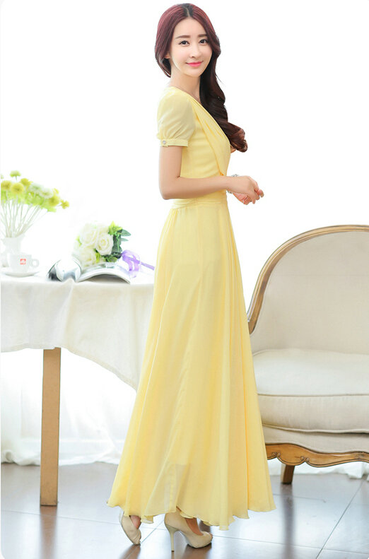 Sweet Dresses Summer Female Skirts Lantern Sleeve Long Chiffon Solid - Yellow