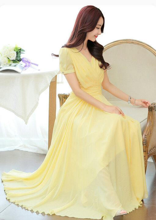 Sweet Dresses Summer Female Skirts Lantern Sleeve Long Chiffon Solid - Yellow