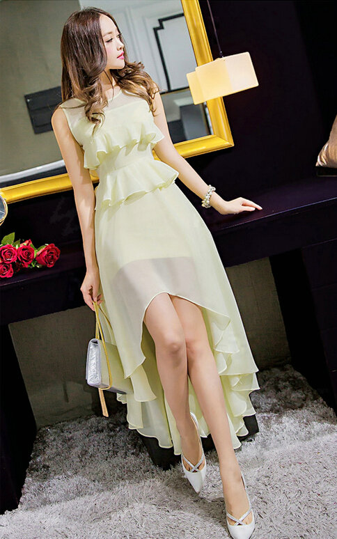 Sweet Dresses Summer Female Skirts Ruffle Long Chiffon Solid - Beige
