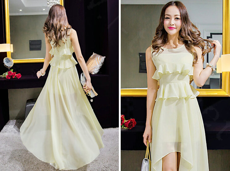 Sweet Dresses Summer Female Skirts Ruffle Long Chiffon Solid - Beige