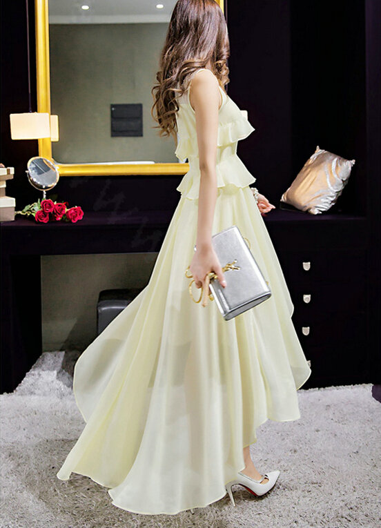 Sweet Dresses Summer Female Skirts Ruffle Long Chiffon Solid - Beige