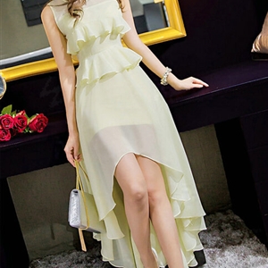 Sweet Dresses Summer Female Skirts Ruffle Long Chiffon Solid - Beige