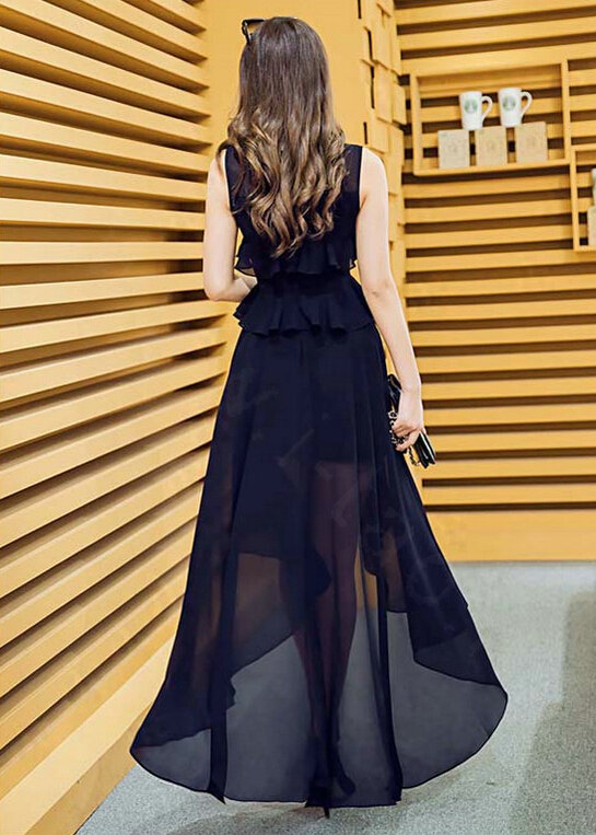 Sweet Dresses Summer Female Skirts Ruffle Long Chiffon Solid - Black
