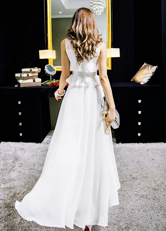 Sweet Dresses Summer Female Skirts Ruffle Long Chiffon Solid - White