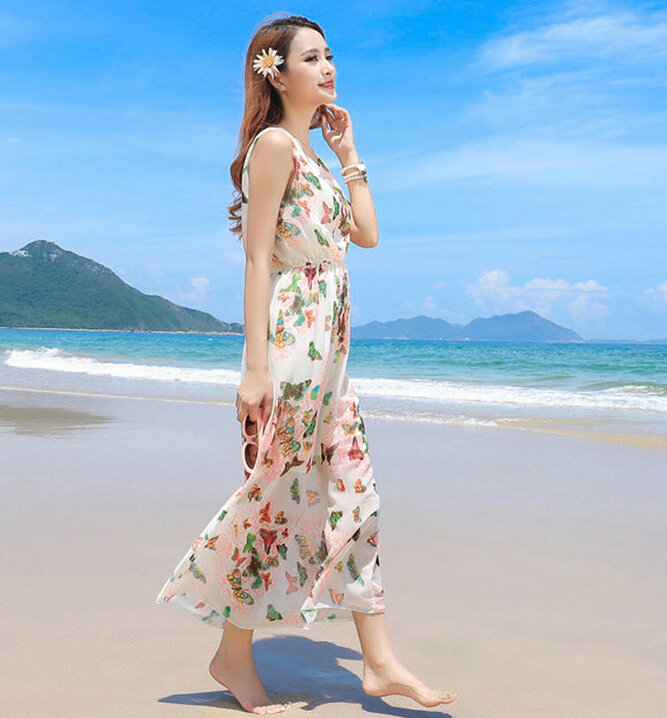 Sweet Dresses Summer Girls Affordable Flower Bohemian Coast Chiffon Long - Pink