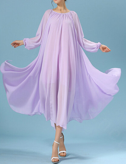 Sweet Dresses Summer Girls Bohemian Coast Lantern Long Sleeve Chiffon Long - Purple