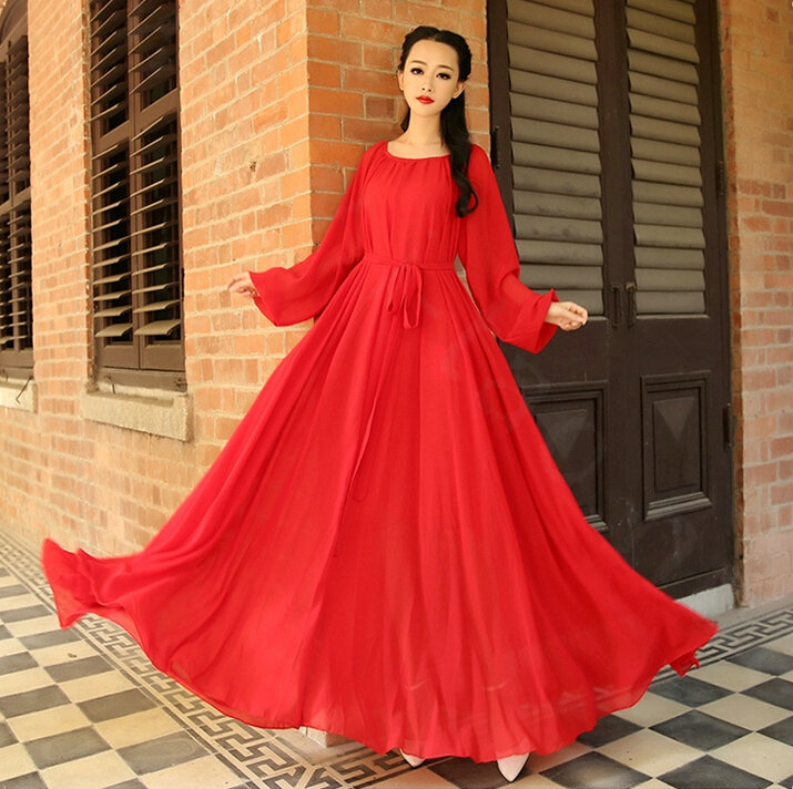 Sweet Dresses Summer Girls Bohemian Coast Lantern Long Sleeve Chiffon Long - Red