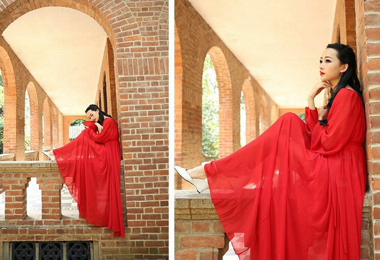 Sweet Dresses Summer Girls Bohemian Coast Lantern Long Sleeve Chiffon Long - Red