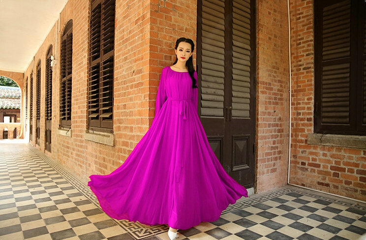 Sweet Dresses Summer Girls Bohemian Coast Lantern Long Sleeve Chiffon Long - Rose