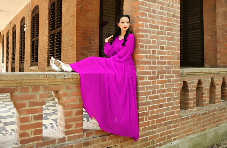 Sweet Dresses Summer Girls Bohemian Coast Lantern Long Sleeve Chiffon Long - Rose