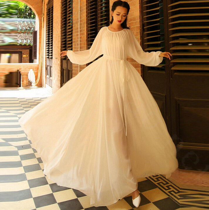 Sweet Dresses Summer Girls Bohemian Coast Lantern Long Sleeve Chiffon Long - White