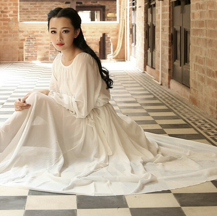 Sweet Dresses Summer Girls Bohemian Coast Lantern Long Sleeve Chiffon Long - White
