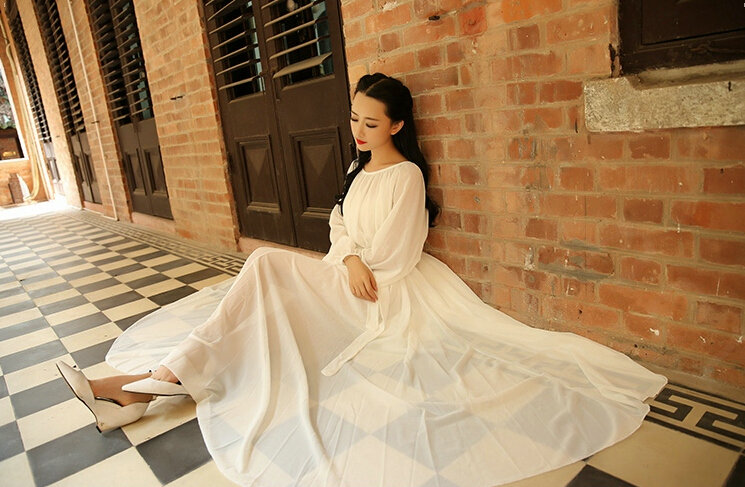 Sweet Dresses Summer Girls Bohemian Coast Lantern Long Sleeve Chiffon Long - White