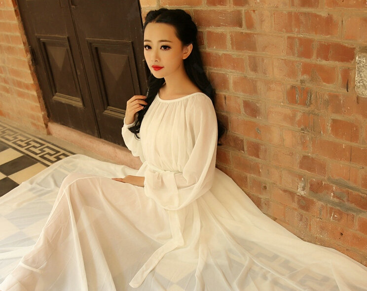 Sweet Dresses Summer Girls Bohemian Coast Lantern Long Sleeve Chiffon Long - White
