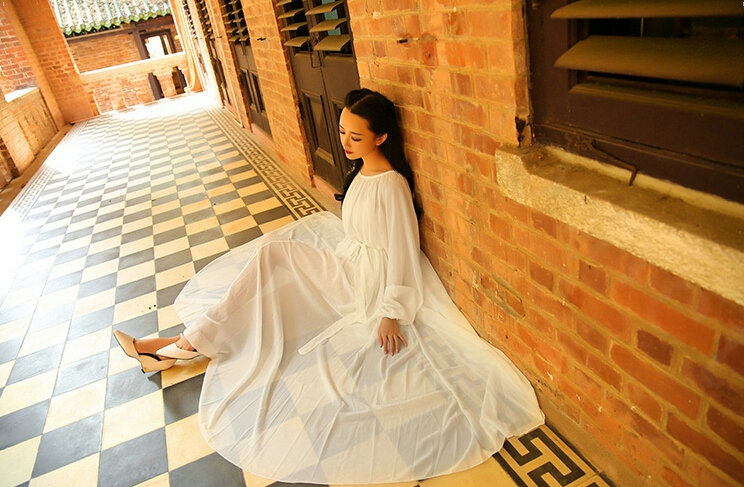 Sweet Dresses Summer Girls Bohemian Coast Lantern Long Sleeve Chiffon Long - White