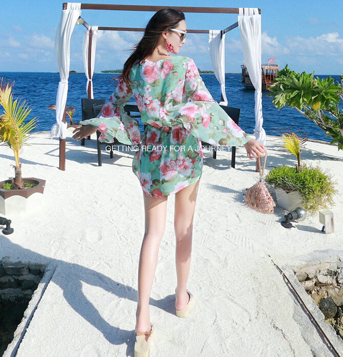 Sweet Dresses Summer Girls Floral Bohemian Coast Long Sleeve Chiffon Short - Blue