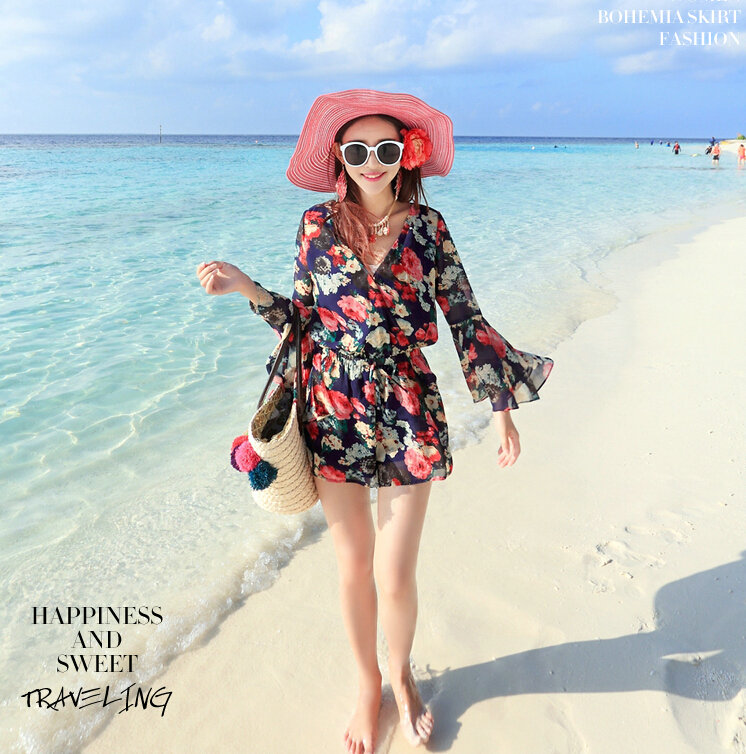 Sweet Dresses Summer Girls Floral Bohemian Coast Long Sleeve Chiffon Short - Navy Blue