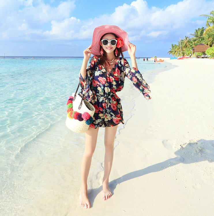Sweet Dresses Summer Girls Floral Bohemian Coast Long Sleeve Chiffon Short - Navy Blue