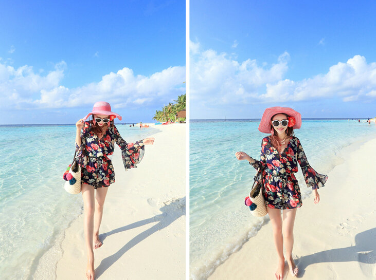 Sweet Dresses Summer Girls Floral Bohemian Coast Long Sleeve Chiffon Short - Navy Blue