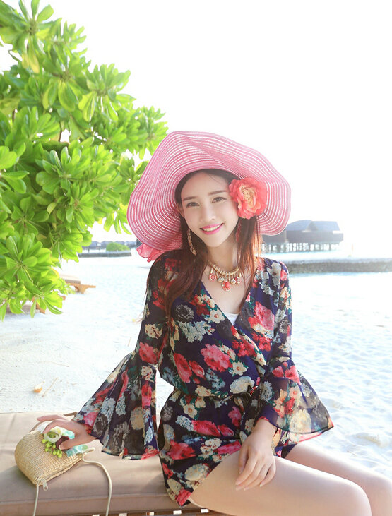 Sweet Dresses Summer Girls Floral Bohemian Coast Long Sleeve Chiffon Short - Navy Blue