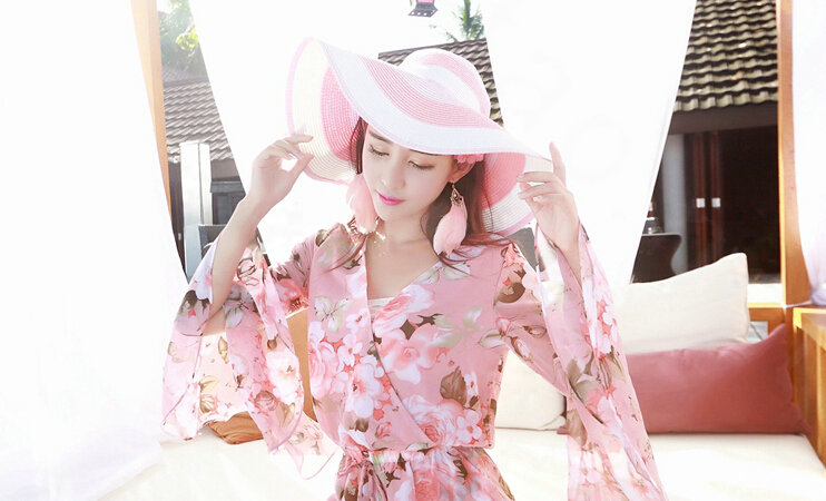 Sweet Dresses Summer Girls Floral Bohemian Coast Long Sleeve Chiffon Short - Pink