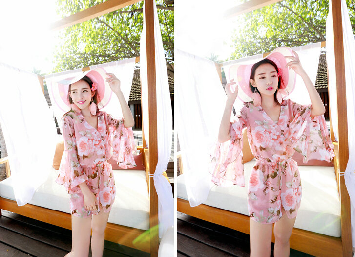 Sweet Dresses Summer Girls Floral Bohemian Coast Long Sleeve Chiffon Short - Pink